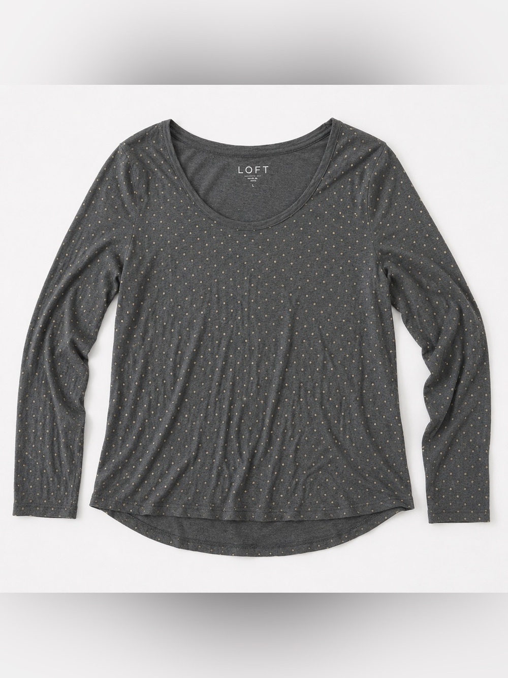 LOFT Gray Gold Polka Dot Long Sleeve Tee Size Large Soft Casual Metallic Dot Top